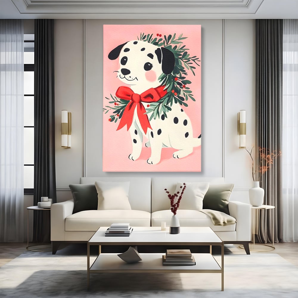 Tablou canvas cu tablou canvas cu catel dalmatian, fara rama, pe sasiu de lemn, pe perete intr-un living